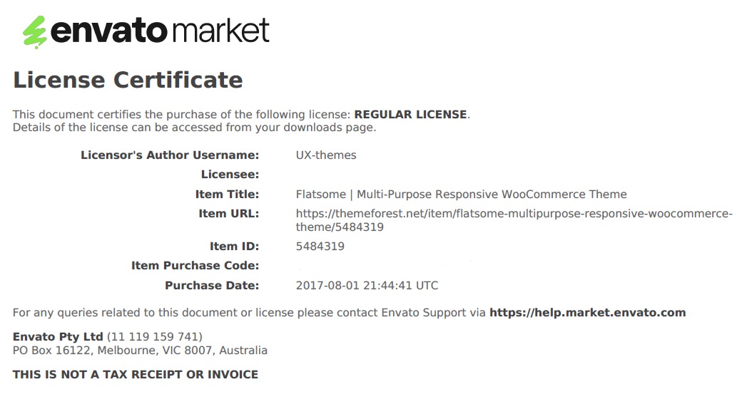 Flatsome theme license proof showing purchase date 2017-08-01